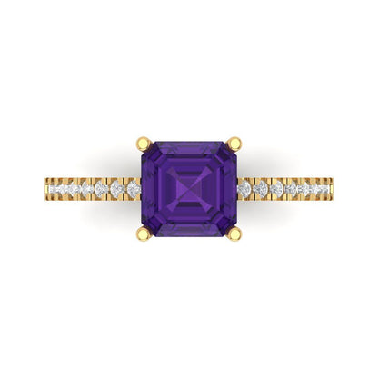 2.7 cttw Natural Amethyst Solitaire with Zirconia Simulated Diamond Accents Engagement Ring - Solid Gold (Asscher Cut,6.5mm)