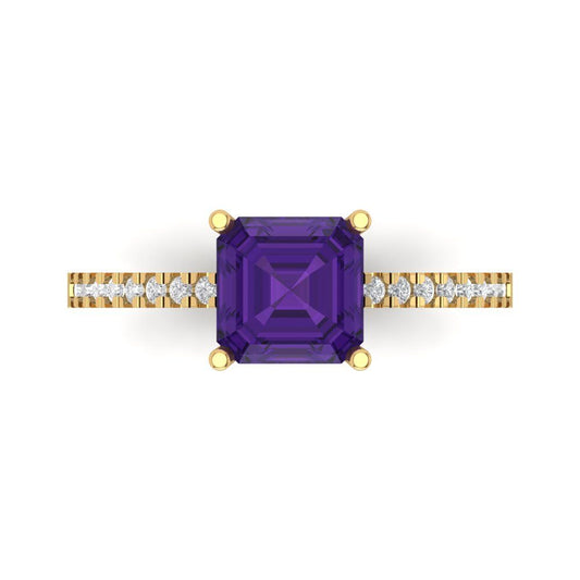 2.7 cttw Natural Amethyst Solitaire with Zirconia Simulated Diamond Accents Engagement Ring - Solid Yellow Gold (VVS1, Asscher Cut,6.5mm)