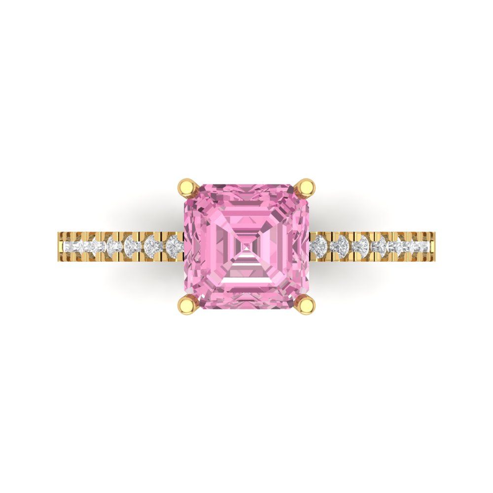 2.7 cttw Zirconia Simulated Pink Diamond Solitaire with Zirconia Simulated Diamond Accents Engagement Ring - Solid Gold (VVS1, Asscher Cut,6.5mm)