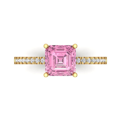 2.7 cttw Zirconia Simulated Pink Diamond Solitaire with Zirconia Simulated Diamond Accents Engagement Ring - Solid Gold (VVS1, Asscher Cut,6.5mm)