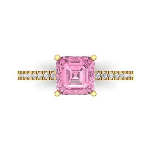 2.7 cttw Zirconia Simulated Pink Diamond Solitaire with Zirconia Simulated Diamond Accents Engagement Ring - Solid Yellow Gold (VVS1, Asscher Cut,6.5mm)