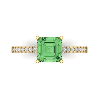 2.7 cttw Zirconia Simulated Green Diamond Solitaire with Zirconia Simulated Diamond Accents Engagement Ring - Solid Gold (VVS1, Asscher Cut,6.5mm)