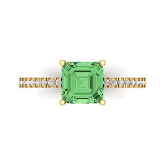 2.7 cttw Zirconia Simulated Green Diamond Solitaire with Zirconia Simulated Diamond Accents Engagement Ring - Solid Yellow Gold (VVS1, Asscher Cut,6.5mm)