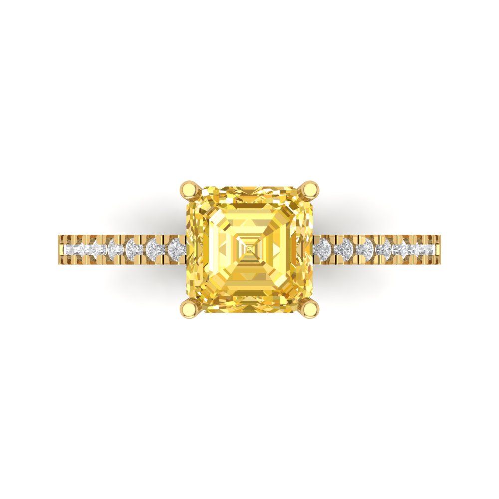 2.7 cttw Zirconia Simulated Yellow Diamond Solitaire with Zirconia Simulated Diamond Accents Engagement Ring - Solid Yellow Gold (VVS1, Asscher Cut,6.5mm)