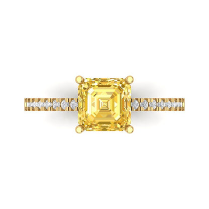 2.7 cttw Zirconia Simulated Yellow Diamond Solitaire with Zirconia Simulated Diamond Accents Engagement Ring - Solid Yellow Gold (VVS1, Asscher Cut,6.5mm)