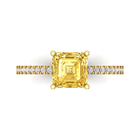 2.7 cttw Zirconia Simulated Yellow Diamond Solitaire with Zirconia Simulated Diamond Accents Engagement Ring - Solid Yellow Gold (VVS1, Asscher Cut,6.5mm)