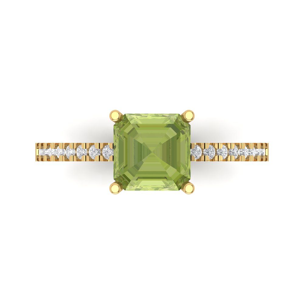 2.7 cttw Natural Peridot Solitaire with Zirconia Simulated Diamond Accents Engagement Ring - Solid Gold (Asscher Cut,6.5mm)