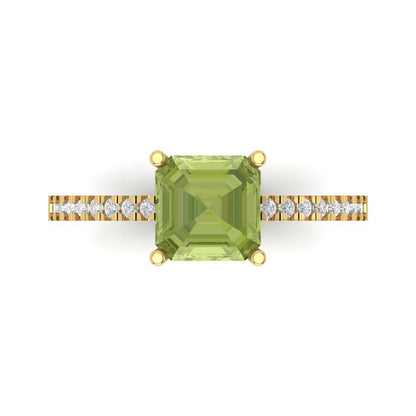 2.7 cttw Natural Peridot Solitaire with Zirconia Simulated Diamond Accents Engagement Ring - Solid Gold (Asscher Cut,6.5mm)