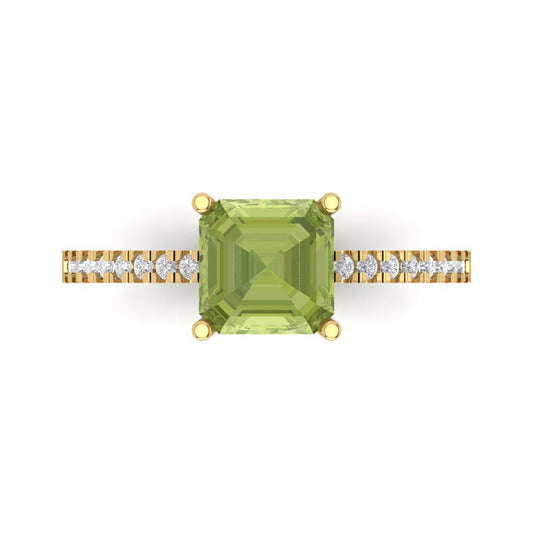 2.7 cttw Natural Peridot Solitaire with Zirconia Simulated Diamond Accents Engagement Ring - Solid Yellow Gold (VVS1, Asscher Cut,6.5mm)