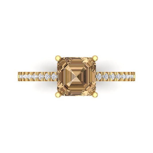 2.7 cttw Zirconia Simulated Champagne Diamond Solitaire with Zirconia Simulated Diamond Accents Engagement Ring - Solid Yellow Gold (VVS1, Asscher Cut,6.5mm)