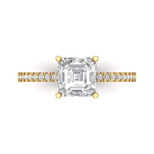 2.7 cttw Moissanite Solitaire with Zirconia Simulated Diamond Accents Engagement Ring - Solid Yellow Gold (VVS1, Asscher Cut,6.5mm)