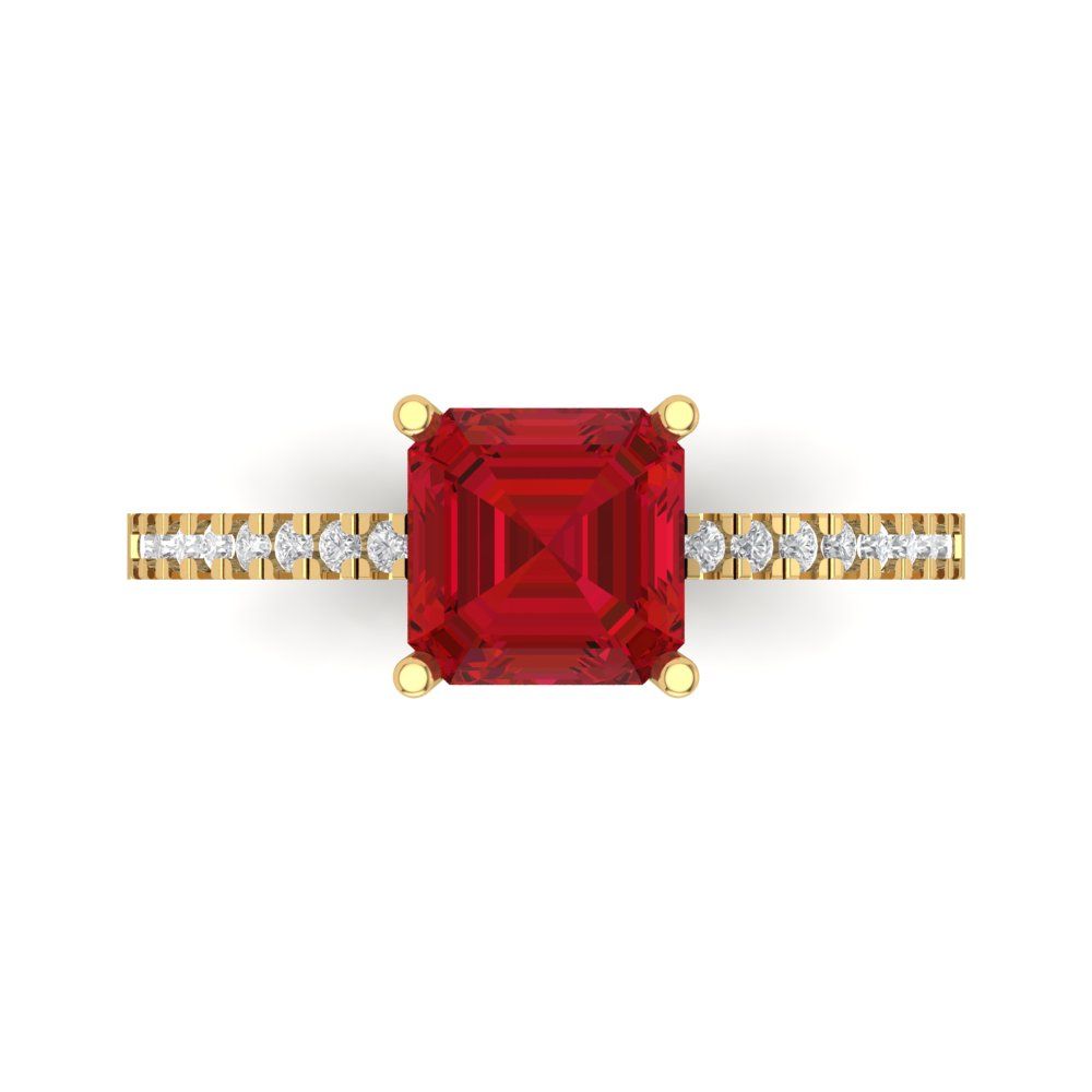 2.7 cttw Simulated Ruby Solitaire with Zirconia Simulated Diamond Accents Engagement Ring - Solid Yellow Gold (VVS1, Asscher Cut,6.5mm)