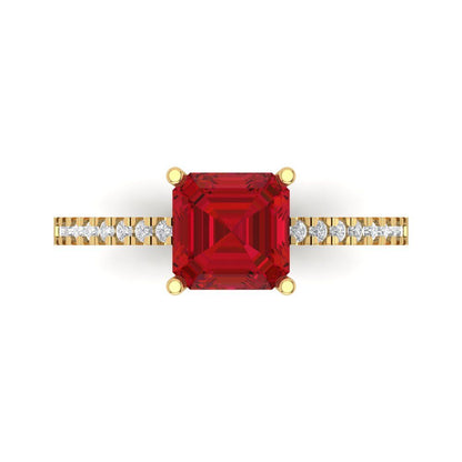 2.7 cttw Simulated Ruby Solitaire with Zirconia Simulated Diamond Accents Engagement Ring - Solid Yellow Gold (VVS1, Asscher Cut,6.5mm)
