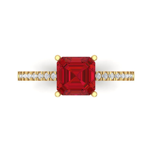 2.7 cttw Simulated Ruby Solitaire with Zirconia Simulated Diamond Accents Engagement Ring - Solid Yellow Gold (VVS1, Asscher Cut,6.5mm)