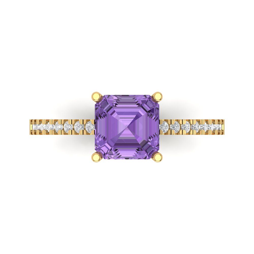 2.7 cttw Simulated Alexandrite Solitaire with Zirconia Simulated Diamond Accents Engagement Ring - Solid Yellow Gold (VVS1, Asscher Cut,6.5mm)