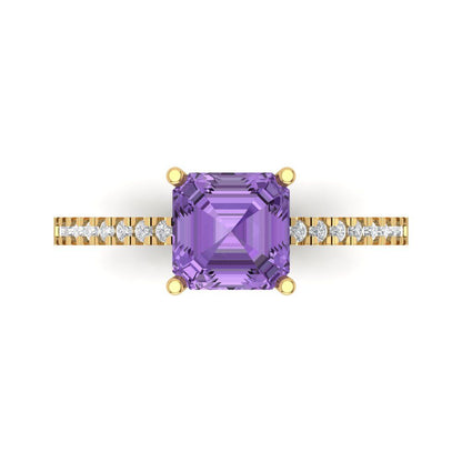 2.7 cttw Simulated Alexandrite Solitaire with Zirconia Simulated Diamond Accents Engagement Ring - Solid Yellow Gold (VVS1, Asscher Cut,6.5mm)