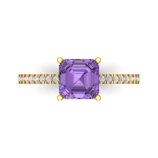 2.7 cttw Simulated Alexandrite Solitaire with Zirconia Simulated Diamond Accents Engagement Ring - Solid Yellow Gold (VVS1, Asscher Cut,6.5mm)