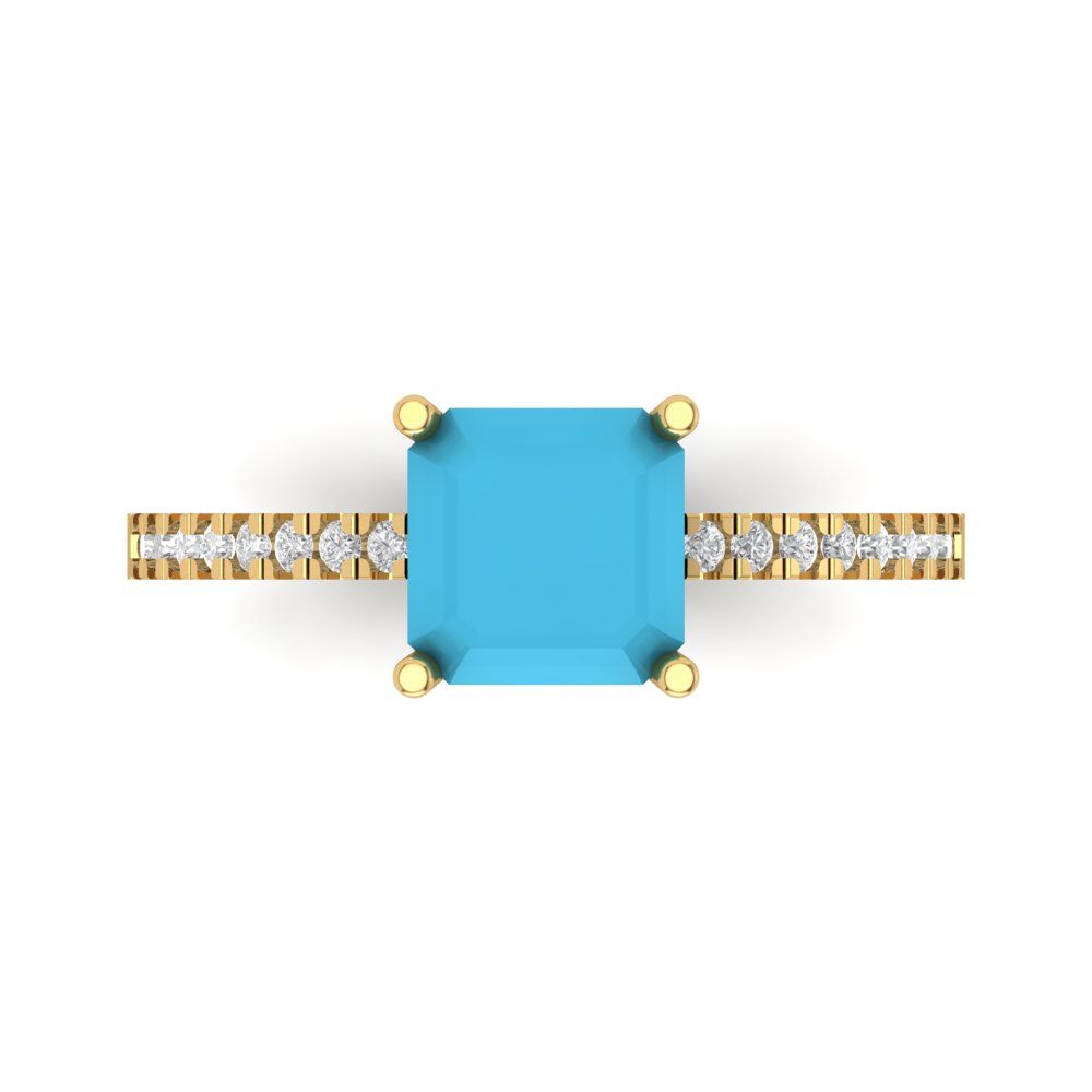 2.7 cttw Simulated Turquoise Solitaire with Zirconia Simulated Diamond Accents Engagement Ring - Solid Yellow Gold (VVS1, Asscher Cut,6.5mm)