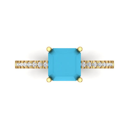 2.7 cttw Simulated Turquoise Solitaire with Zirconia Simulated Diamond Accents Engagement Ring - Solid Yellow Gold (VVS1, Asscher Cut,6.5mm)