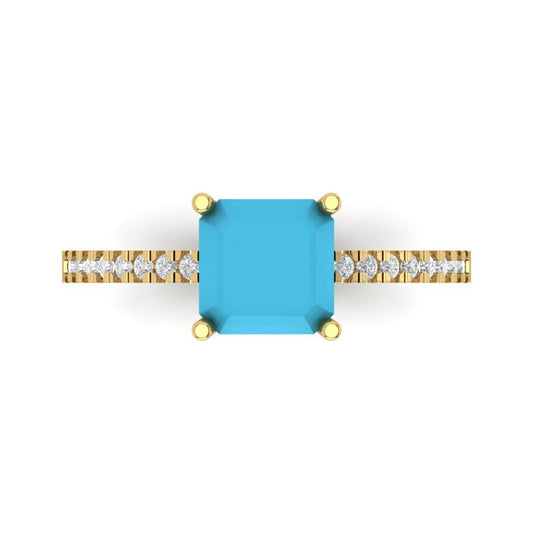 2.7 cttw Simulated Turquoise Solitaire with Zirconia Simulated Diamond Accents Engagement Ring - Solid Yellow Gold (VVS1, Asscher Cut,6.5mm)