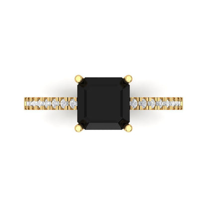 2.7 cttw Natural Onyx Solitaire with Zirconia Simulated Diamond Accents Engagement Ring - Solid Gold (Asscher Cut,6.5mm)