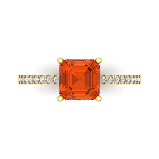 2.7 cttw Zirconia Simulated Red Diamond Solitaire with Zirconia Simulated Diamond Accents Engagement Ring - Solid Yellow Gold (VVS1, Asscher Cut,6.5mm)