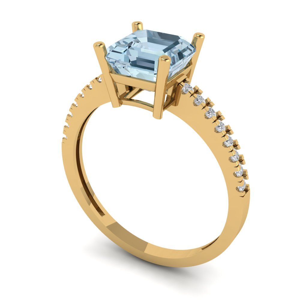 2.7 cttw Zirconia Simulated Blue Diamond Solitaire with Zirconia Simulated Diamond Accents Engagement Ring - Solid Yellow Gold (VVS1, Asscher Cut,6.5mm)