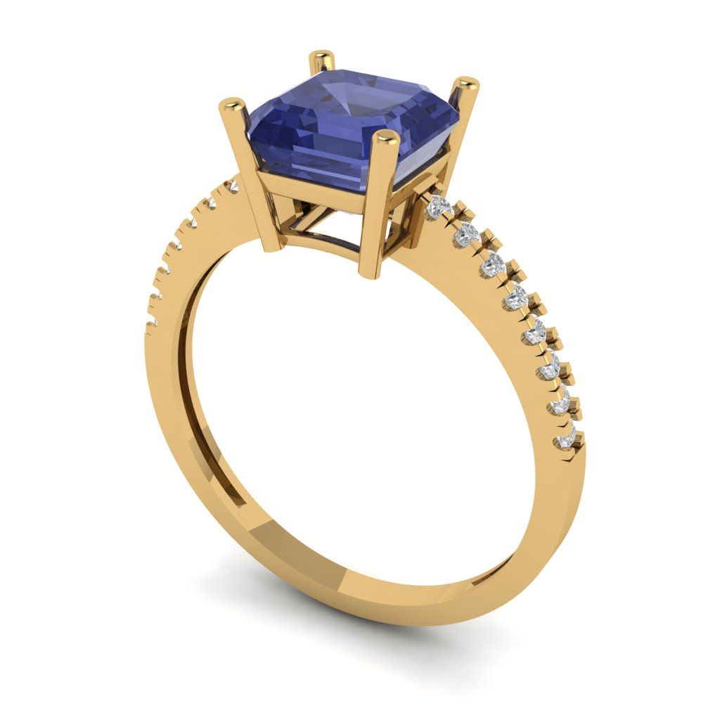 2.7 cttw Simulated Tanzanite Solitaire with Zirconia Simulated Diamond Accents Engagement Ring - Solid Yellow Gold (VVS1, Asscher Cut,6.5mm)