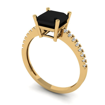 2.7 cttw Natural Onyx Solitaire with Zirconia Simulated Diamond Accents Engagement Ring - Solid Gold (Asscher Cut,6.5mm)