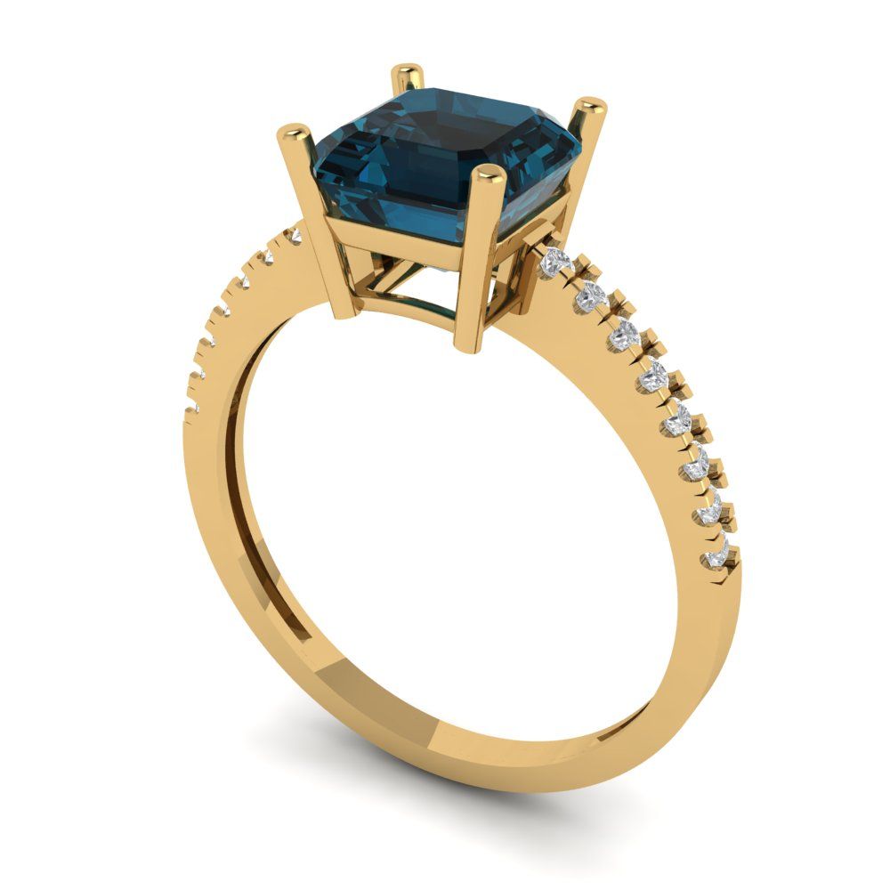 2.7 cttw Natural London Blue Topaz Solitaire with Zirconia Simulated Diamond Accents Engagement Ring - Solid Gold (Asscher Cut,6.5mm)