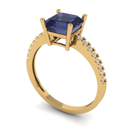 2.7 cttw Simulated Blue Sapphire Solitaire with Zirconia Simulated Diamond Accents Engagement Ring - Solid Yellow Gold (VVS1, Asscher Cut,6.5mm)