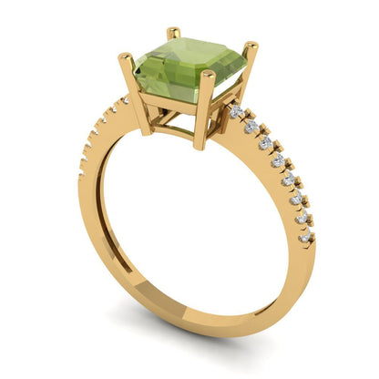 2.7 cttw Natural Peridot Solitaire with Zirconia Simulated Diamond Accents Engagement Ring - Solid Gold (Asscher Cut,6.5mm)