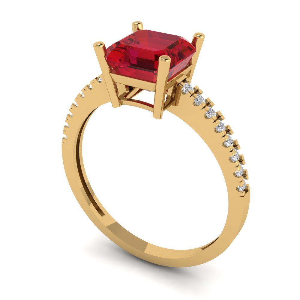 2.7 cttw Simulated Ruby Solitaire with Zirconia Simulated Diamond Accents Engagement Ring - Solid Yellow Gold (VVS1, Asscher Cut,6.5mm)