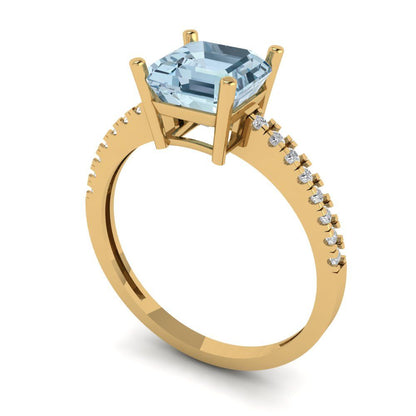 2.7 cttw Natural Swiss Blue Topaz Solitaire with Zirconia Simulated Diamond Accents Engagement Ring - Solid Gold (Asscher Cut,6.5mm)