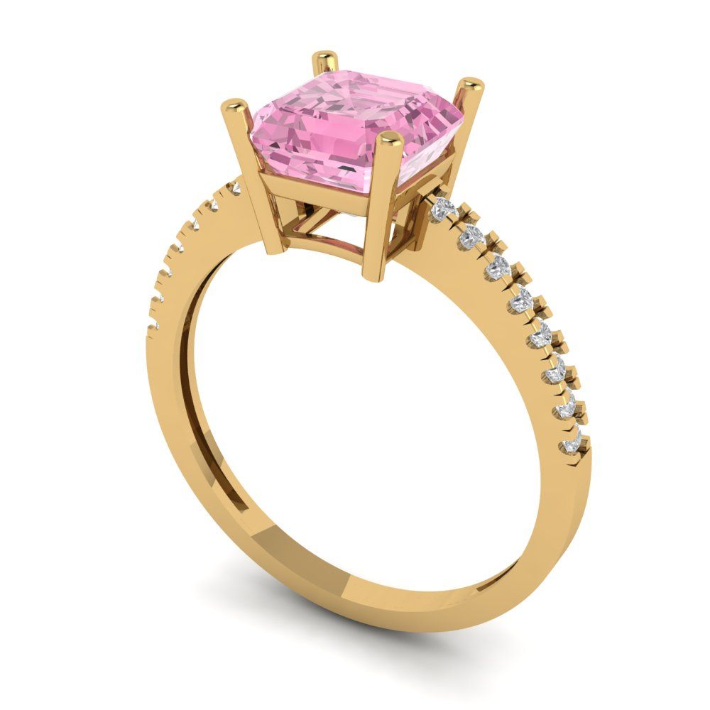 2.7 cttw Zirconia Simulated Pink Diamond Solitaire with Zirconia Simulated Diamond Accents Engagement Ring - Solid Gold (VVS1, Asscher Cut,6.5mm)