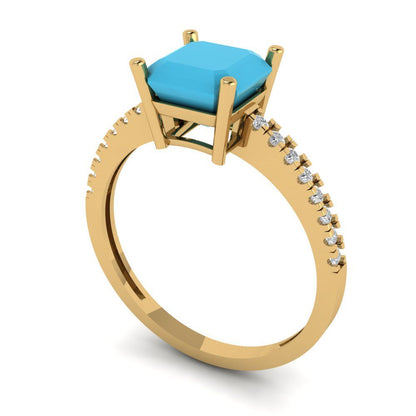 2.7 cttw Simulated Turquoise Solitaire with Zirconia Simulated Diamond Accents Engagement Ring - Solid Yellow Gold (VVS1, Asscher Cut,6.5mm)