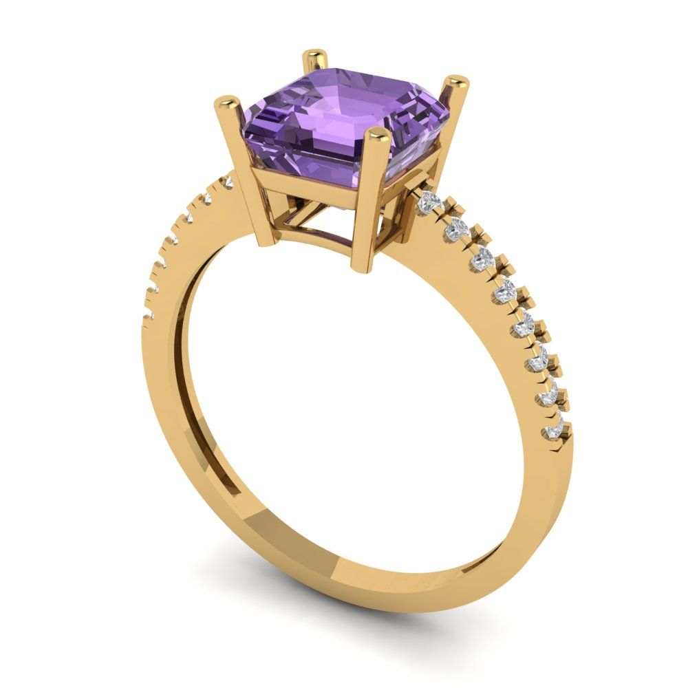 2.7 cttw Simulated Alexandrite Solitaire with Zirconia Simulated Diamond Accents Engagement Ring - Solid Yellow Gold (VVS1, Asscher Cut,6.5mm)
