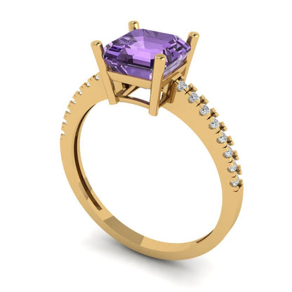 2.7 cttw Simulated Alexandrite Solitaire with Zirconia Simulated Diamond Accents Engagement Ring - Solid Yellow Gold (VVS1, Asscher Cut,6.5mm)