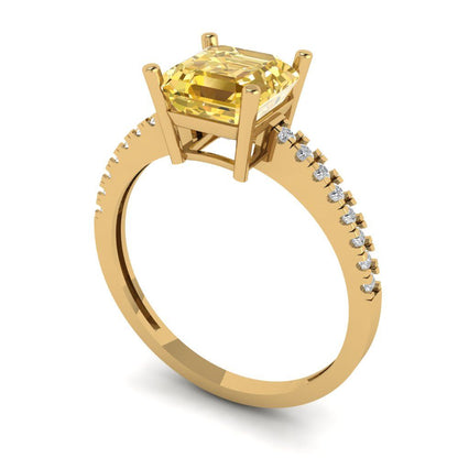 2.7 cttw Zirconia Simulated Yellow Diamond Solitaire with Zirconia Simulated Diamond Accents Engagement Ring - Solid Yellow Gold (VVS1, Asscher Cut,6.5mm)
