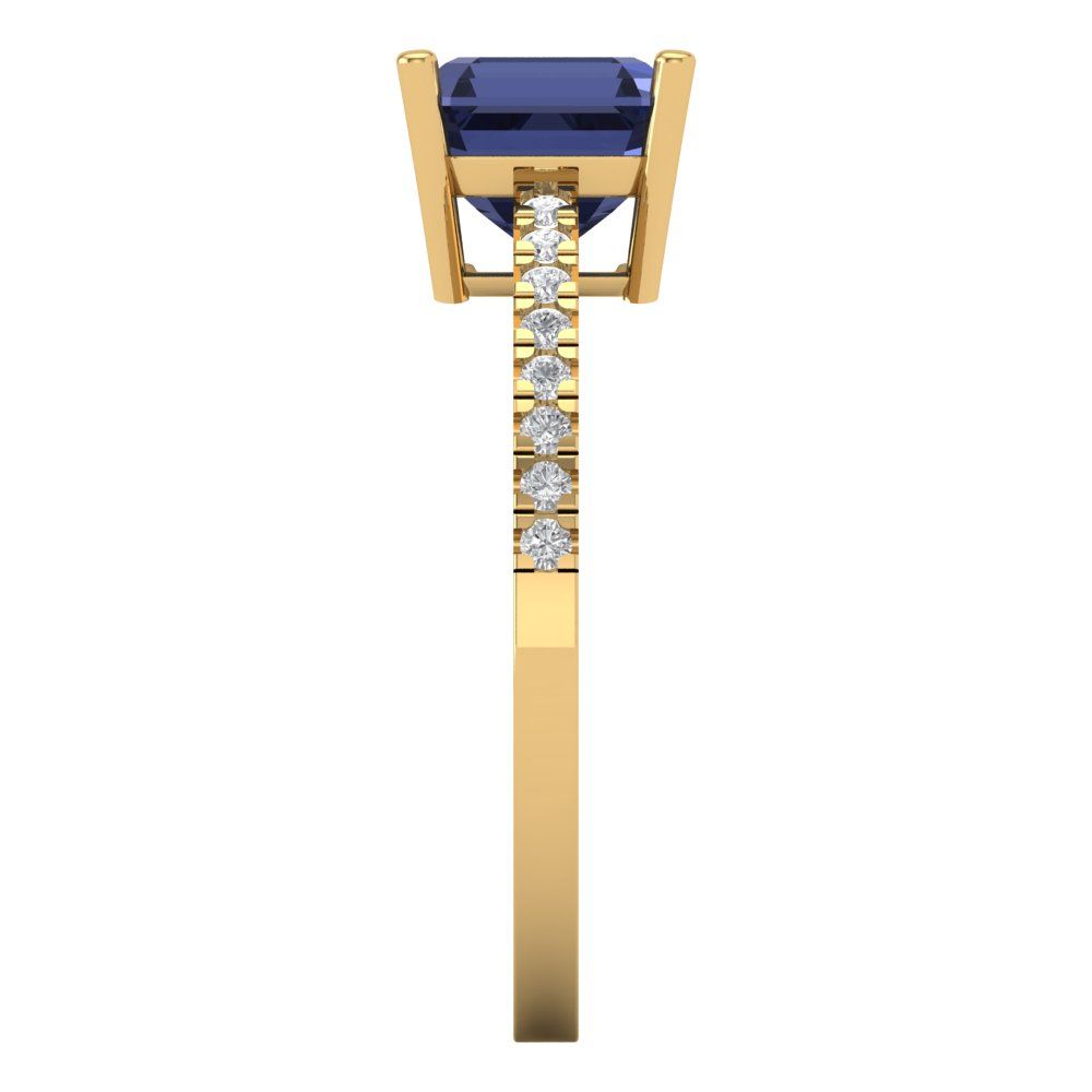 2.7 cttw Simulated Blue Sapphire Solitaire with Zirconia Simulated Diamond Accents Engagement Ring - Solid Yellow Gold (VVS1, Asscher Cut,6.5mm)