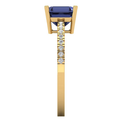 2.7 cttw Simulated Blue Sapphire Solitaire with Zirconia Simulated Diamond Accents Engagement Ring - Solid Yellow Gold (VVS1, Asscher Cut,6.5mm)