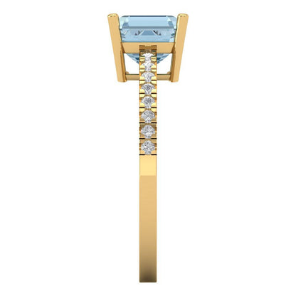 2.7 cttw Zirconia Simulated Blue Diamond Solitaire with Zirconia Simulated Diamond Accents Engagement Ring - Solid Yellow Gold (VVS1, Asscher Cut,6.5mm)