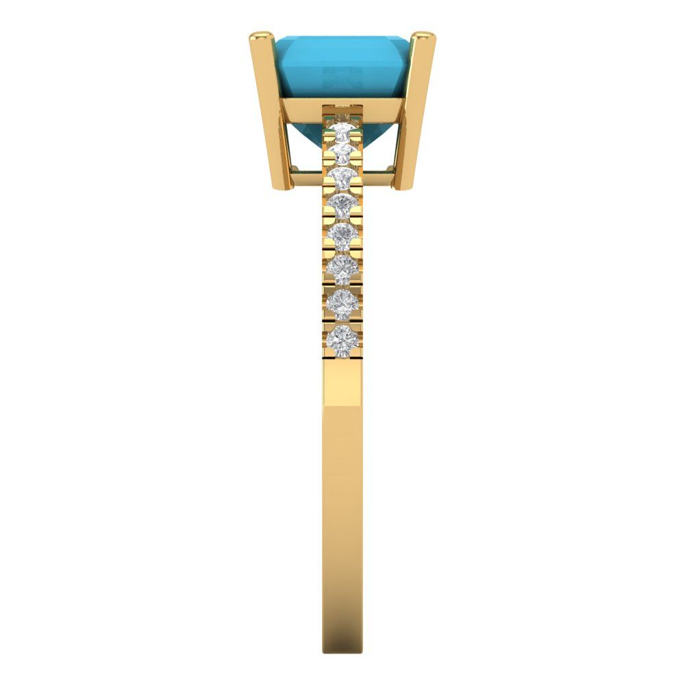 2.7 cttw Simulated Turquoise Solitaire with Zirconia Simulated Diamond Accents Engagement Ring - Solid Yellow Gold (VVS1, Asscher Cut,6.5mm)