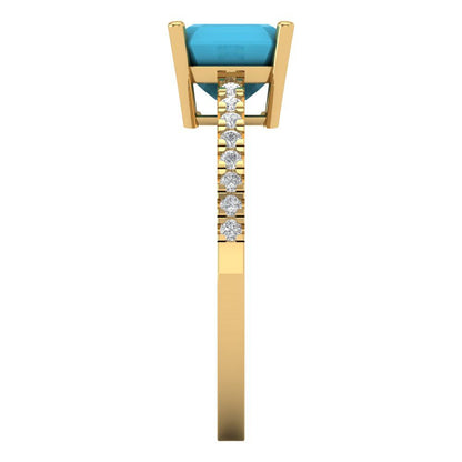 2.7 cttw Simulated Turquoise Solitaire with Zirconia Simulated Diamond Accents Engagement Ring - Solid Yellow Gold (VVS1, Asscher Cut,6.5mm)