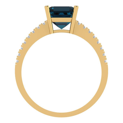 2.7 cttw Natural London Blue Topaz Solitaire with Zirconia Simulated Diamond Accents Engagement Ring - Solid Gold (Asscher Cut,6.5mm)