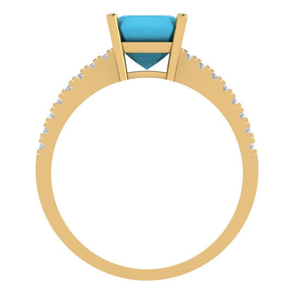 2.7 cttw Simulated Turquoise Solitaire with Zirconia Simulated Diamond Accents Engagement Ring - Solid Yellow Gold (VVS1, Asscher Cut,6.5mm)
