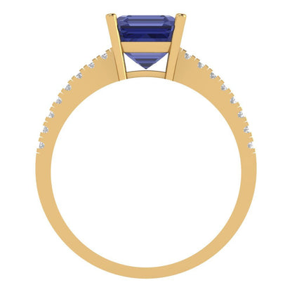 2.7 cttw Simulated Tanzanite Solitaire with Zirconia Simulated Diamond Accents Engagement Ring - Solid Yellow Gold (VVS1, Asscher Cut,6.5mm)