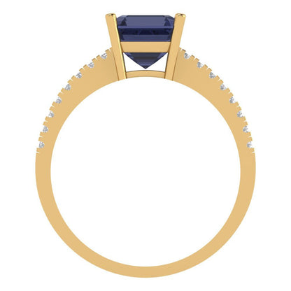 2.7 cttw Simulated Blue Sapphire Solitaire with Zirconia Simulated Diamond Accents Engagement Ring - Solid Yellow Gold (VVS1, Asscher Cut,6.5mm)