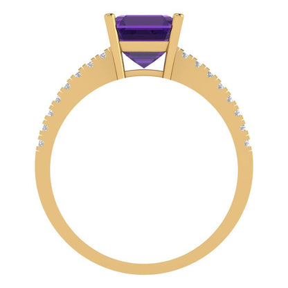 2.7 cttw Natural Amethyst Solitaire with Zirconia Simulated Diamond Accents Engagement Ring - Solid Gold (Asscher Cut,6.5mm)