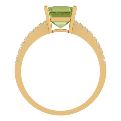 2.7 cttw Natural Peridot Solitaire with Zirconia Simulated Diamond Accents Engagement Ring - Solid Gold (Asscher Cut,6.5mm)